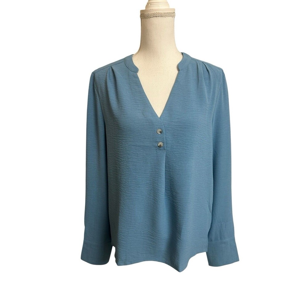 NEW Cnlinkco Women's M Blue Dressy Casual Blouse V Neck Long Sleeve Henley Loose